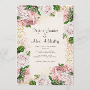 Convites Noiva Floral Rosa Poeira Brilho Dourado