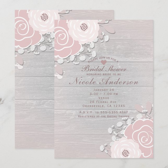 Convites Noiva Floral Rústica Bege Rosa Flores & Madeira (Frente/Verso)