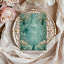 Convites Noiva Folha de Ginkgo em Ouro Seafoam Art Nouveau