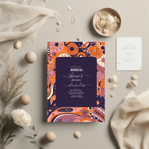 Convites Noiva groovy rosa laranja roxo retrô nupcial