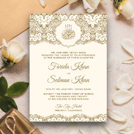 Convites Noiva Islâmica Creme e Dourado com Renda