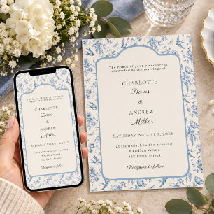 Convites Noiva Jardim Toile de Jouy Creme Azul Empoeirado