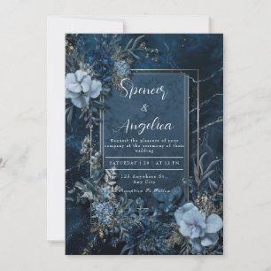 Convites Noiva Moldura Dourada Floral Mármore Azul Meia-Noi