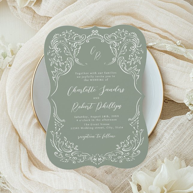 Convites Noiva Monograma Desenhada à Mão com Florescer Vint (Sage Sketched Vintage Flourish Monogram Wedding Invitation)