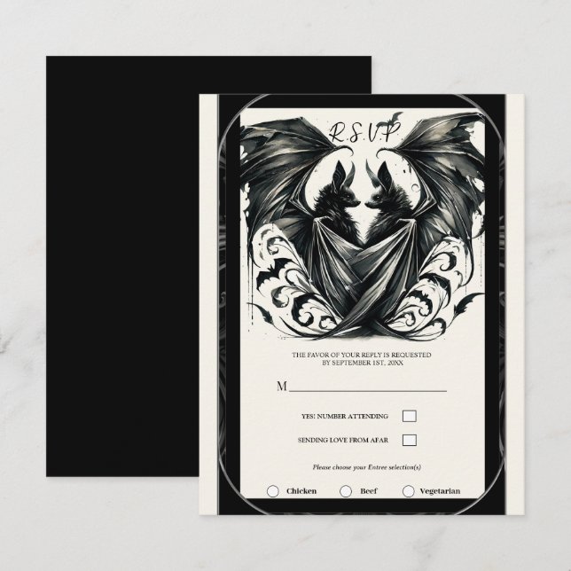 Convites Noiva Morcegos Amor Gótico Prata Creme Preto (Frente/Verso)