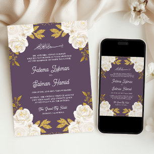 Convites Noiva Muçulmana Floral Marfim Dourado Roxo Empoeir