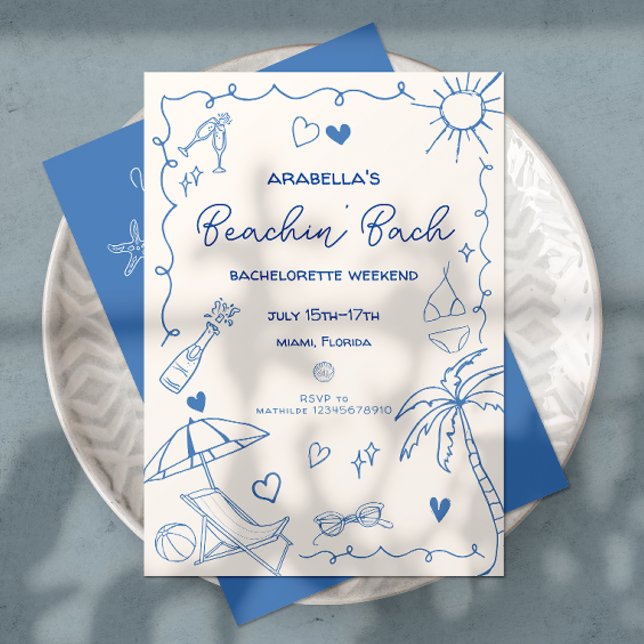 Convites Noiva na Praia | Azul | Desenho à Mão Caprichoso  (Beach Bachelorette invitation in blue and white with beach doodles, hand written font & itinerary.
)