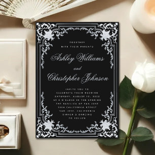 Convites Noiva Ornada Vintage Preto Faux Prata Elegante