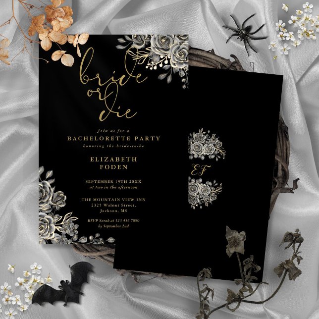 Convites Noiva ou Morra Festa de Despedida de Solteira em D (Bride Or Die Black Gold Gothic Bachelorette Party Invitation)