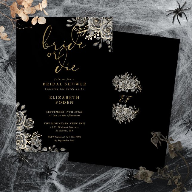 Convites Noiva ou Morra Festa de Noivado Preta e Dourada Gó (Bride Or Die Black And Gold Gothic Bridal Shower Invitation)
