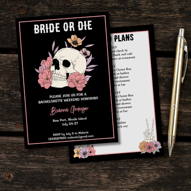 Convites Noiva ou morta - despedida de solteira negra (Bride or die black skull skeleton bachelorette party weekend itinerary invitation template)
