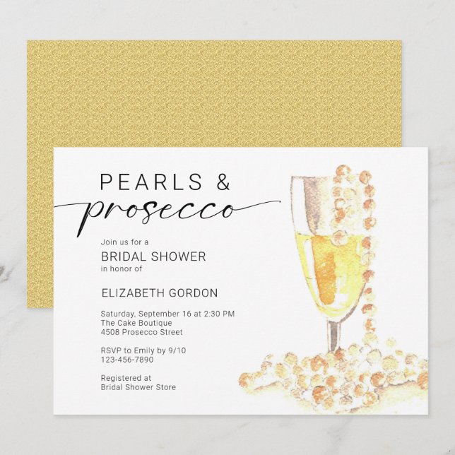 Convites Noiva Pérolas e Prosecco Personalizado Minimal  (Frente/Verso)