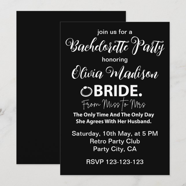 Convites Noiva Preta e Branca para ser Festa de solteira (Frente/Verso)