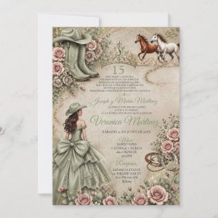Convites Noiva Princesa Verde Sage Rústica Quinceañera Ocid