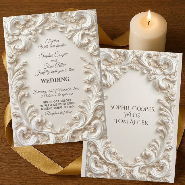 Convites Noiva Redemoinho de Acanto Barroco Opulento Marfim (White Ivory Baroque Opulent Acanthus Swirl Wedding Invitation)