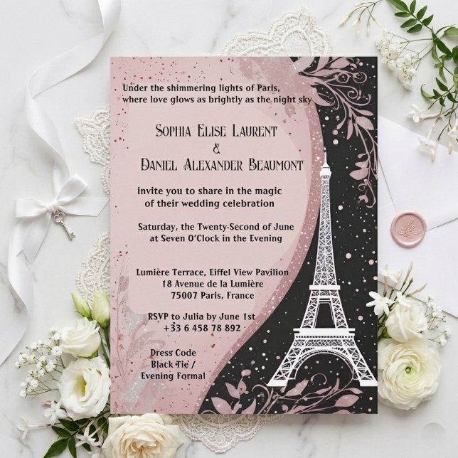 Convites Noiva Romântica Prateada Noite Parisiense Rosa Cor (Blush Pink Parisian Night Silver Romantic Wedding Invitation)