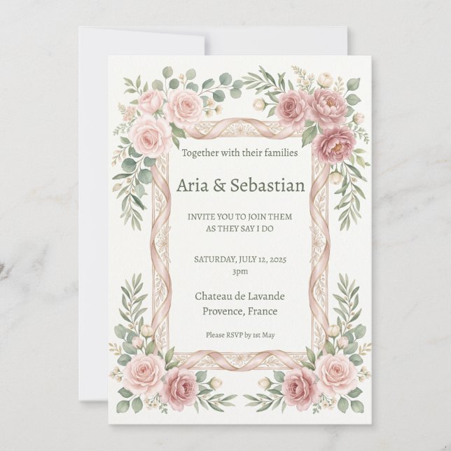 Convites Noiva Rosa Bege com Renda Quadro Casamento (Frente)
