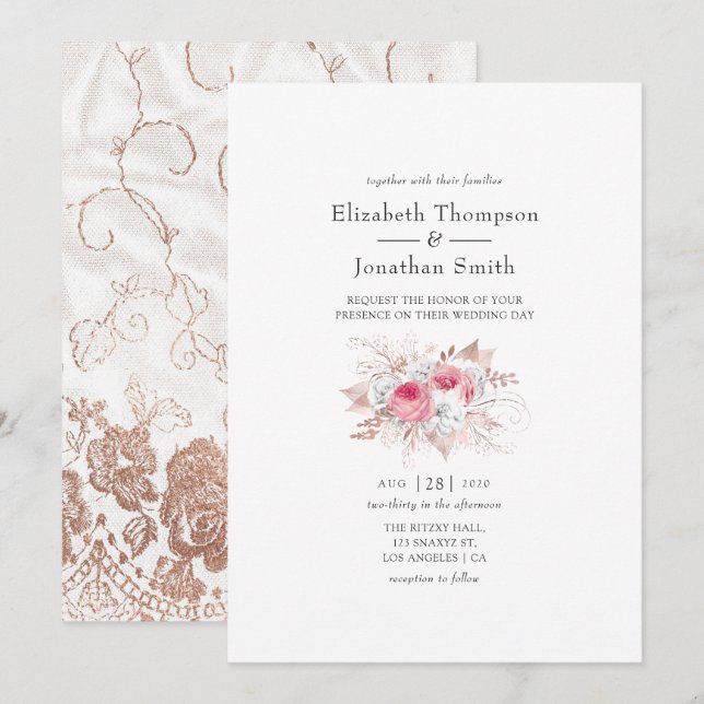 Convites Noiva Rosa e Dourado Rosa Floral e Renda Casamento (Frente/Verso)