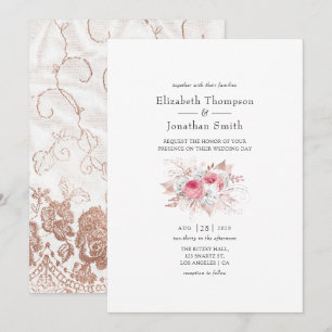 Convites Noiva Rosa e Dourado Rosa Floral e Renda Casamento