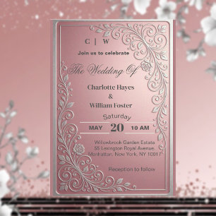 Convites Noiva Rosa Vinha Brilho Prata Floral Casamento