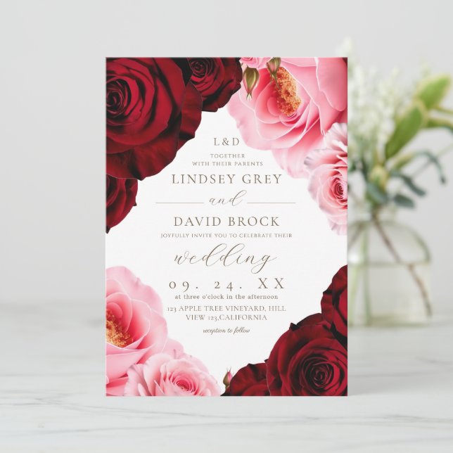 Convites Noiva Rosado Borgonha Rosas Florais Casamento  (Em pé/Frente)