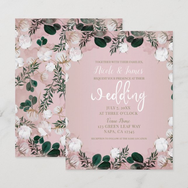 Convites Noiva Rústica Algodão Floral Verde Casamento Taupe (Frente/Verso)