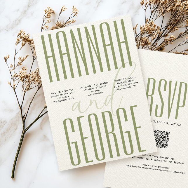 Convites Noiva Simples Moderna em Verde Sage e Ecru com Cód (Modern ecru textured wedding invitation, sage green bold typography with elegant script calligraphy )