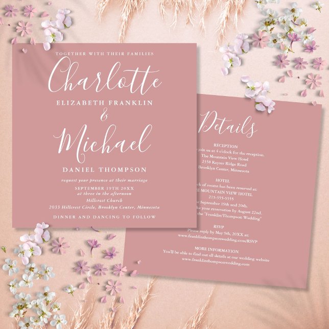 Convites Noiva sofisticada em cor de rosa empoeirada tudo e (Dusty Rose Elegant Script All In One Wedding Invitation)