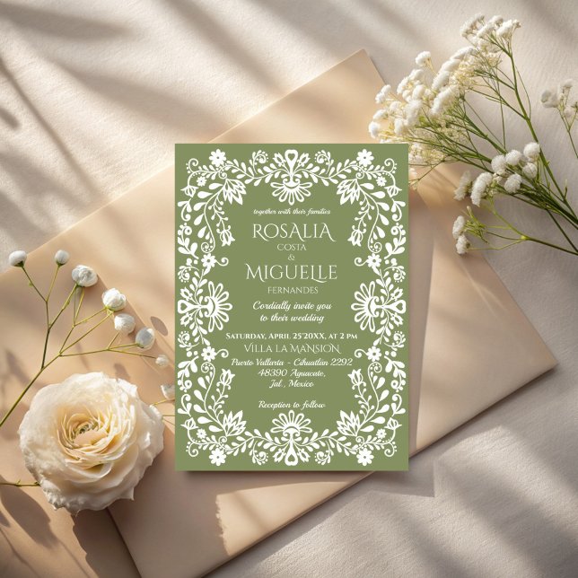 Convites Noiva Talavera verde sage mexicana (Talavera sage green Mexican wedding Invitation cards template folk art border wedding cards)