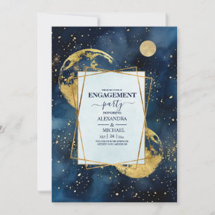Convites Noivado Aquarela Azul Meia-Noite Místico Dourado