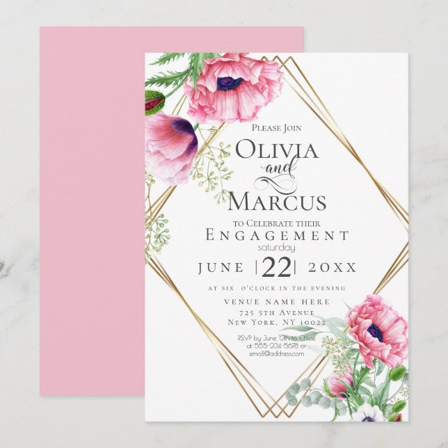 Convites Noivado Aquarela Papoulas Rosa (Frente/Verso)