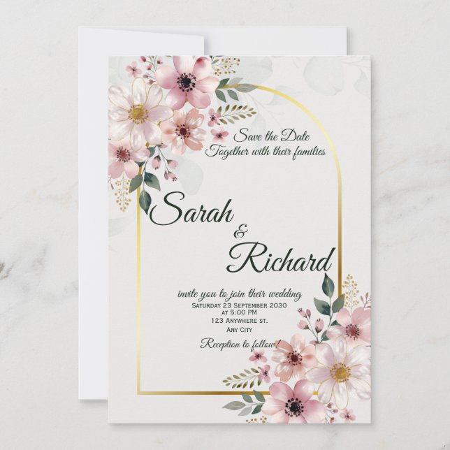 Convites Noivado Arqueado Dourado Floral Blush Salve A Data (Frente)
