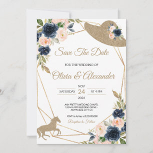 Convites Noivado Blush & Navy Kentucky Derby Save The Date