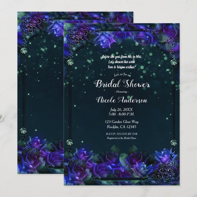Convites Noivado Brilho Jardim Verde Roxo Encantado (Frente/Verso)