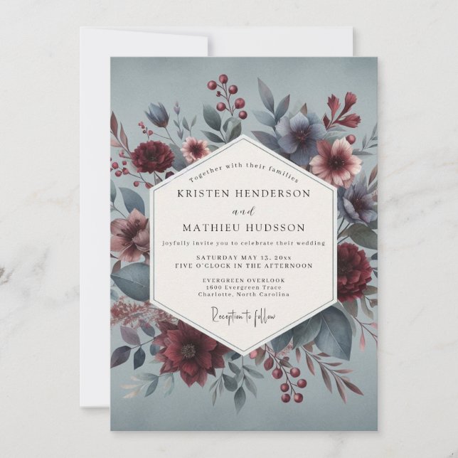 Convites Noivado Burgundy Slate Moody Bloom (Frente)