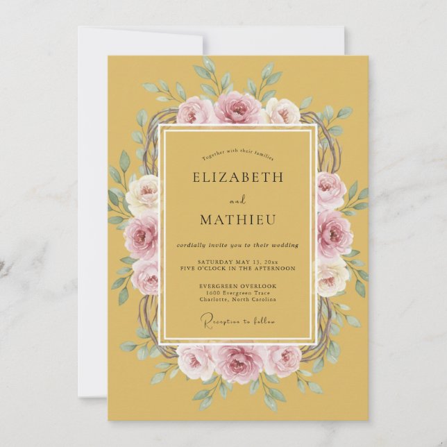 Convites Noivado Casamento Romance Floral Ocre (Frente)