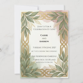 Convites Noivado com Folhas em Dourado Sage Art Déco