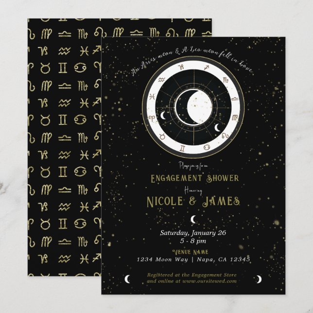 Convites Noivado com Signo Lunar de Astronomia Personalizad (Frente/Verso)