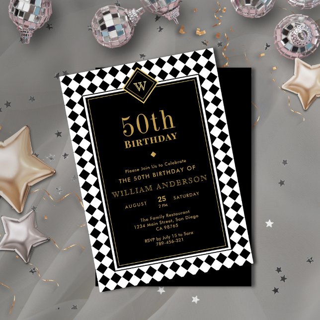 Convites Noivado da Idade da Etapa Dourada e Preta Monogram (Monogrammed Black & Gold Milestone Age Birthday Invitation)