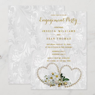 Convites Noivado Damask Pérolas Corações e Flores