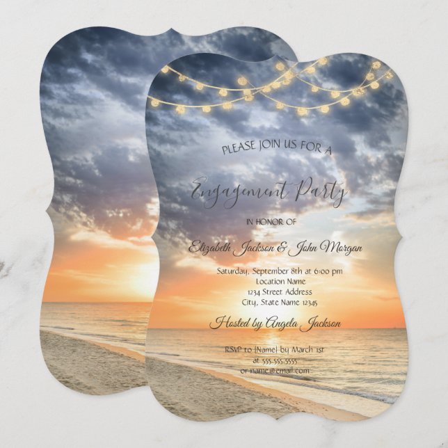 Convites Noivado das Luzes de Sequência Sunrise de Praia (Frente/Verso)