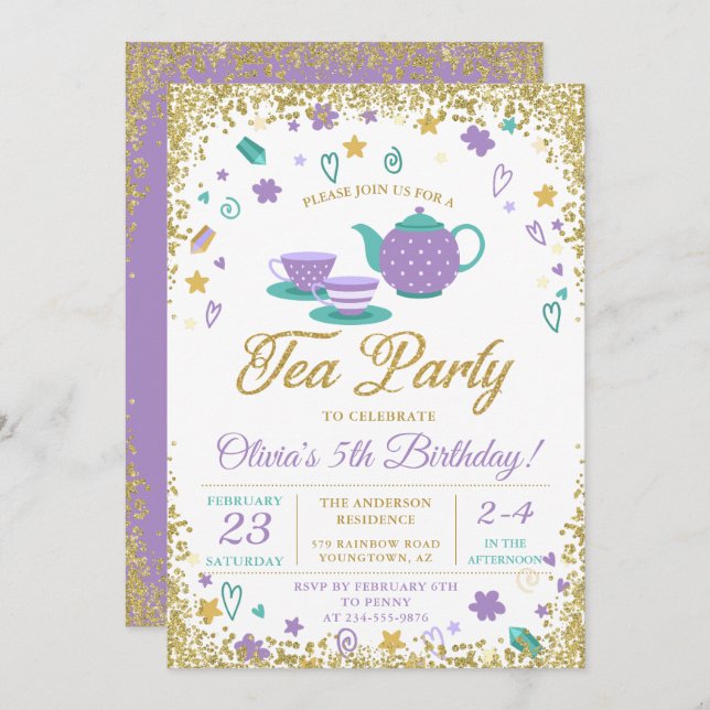 Convites Noivado das Roxas Douradas do Tea Party (Frente/Verso)