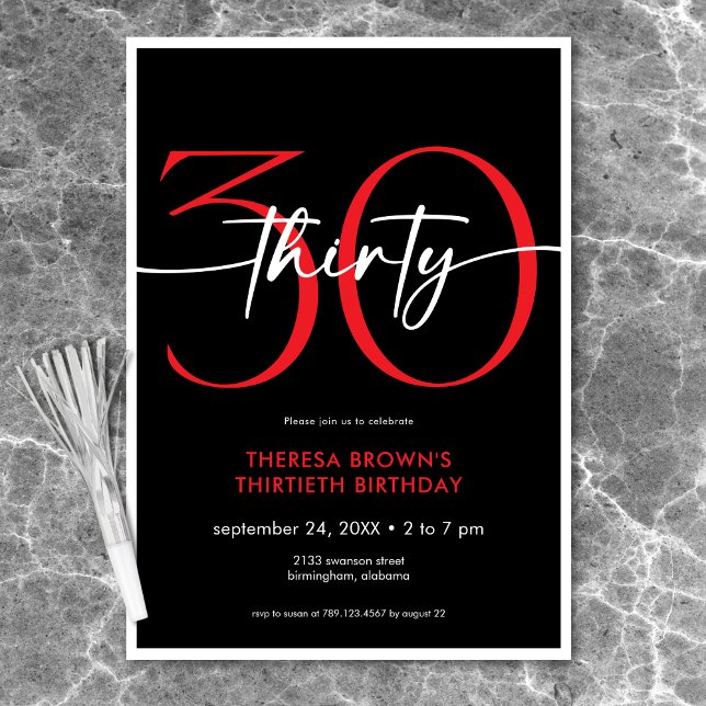 Convites Noivado de 30 Script Vermelho Mínimo Moderno (Modern Minimal Red Thirty Script Birthday Invitation)