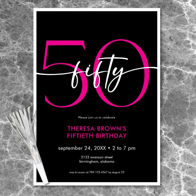 Convites Noivado de 50 Script Mínimo Rosa Moderno (Modern Minimal Pink Fifty Script Birthday Invitation)