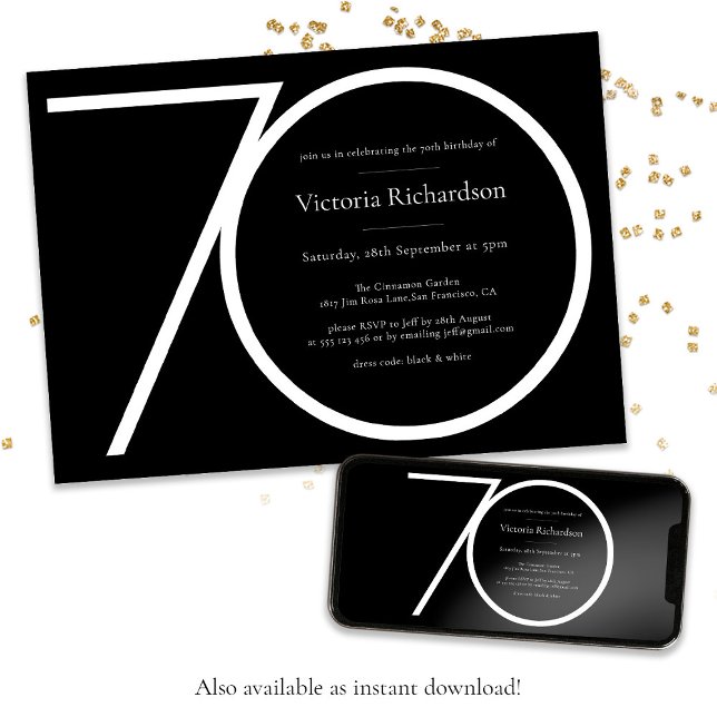 Convites Noivado de 70 minimalista preto-branco moderno (Minimalist 70th Birthday Modern Custom Black White Invitation
)