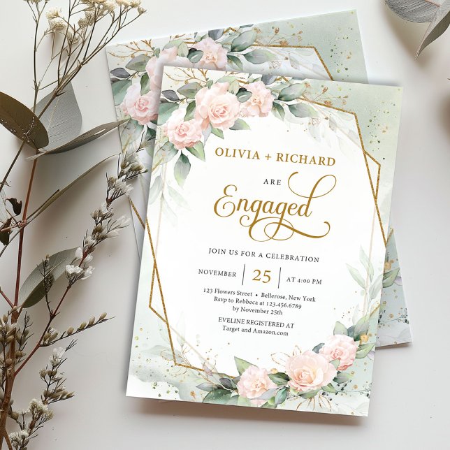 Convites Noivado de armação dourada de rosas rosa-claro (Modern watercolor pale pink roses mixed eucalyptus and gold frame engagement invitation digital)