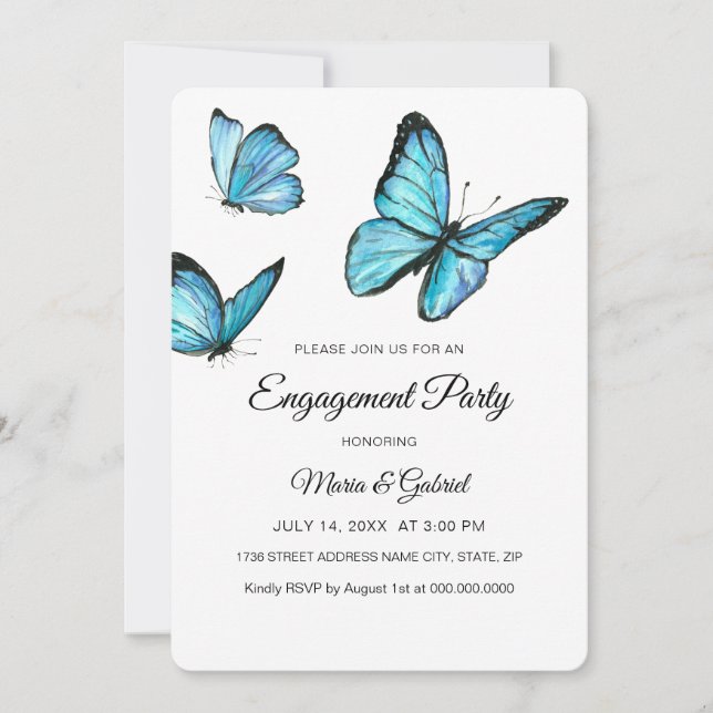 Convites Noivado de borboletas em aquarela azul elegante (Frente)