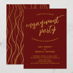 Convites Noivado de Borgonha Moderno de Ondas Douradas