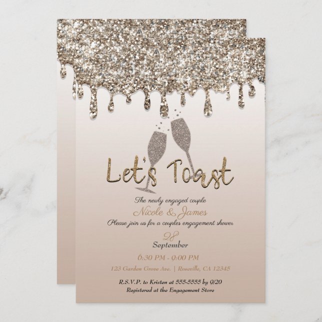 Convites Noivado de Brunch de Driblagem de Glitter Dourada  (Frente/Verso)