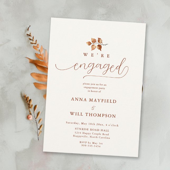Convites Noivado de Caligrafia Suave de Terracotta (Fall Engagement Party Invitation Romantic Elegant Calligraphy Terracotta Autumn Foliage)
